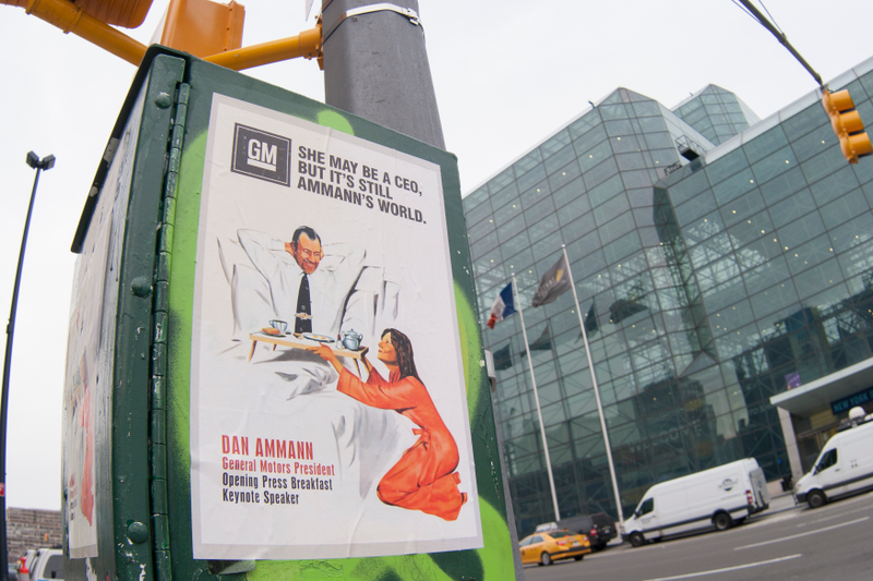 Illustration for article titled Some Troll Stuck A Ton Of Sexist Mary Barra Posters Around NY Auto Show